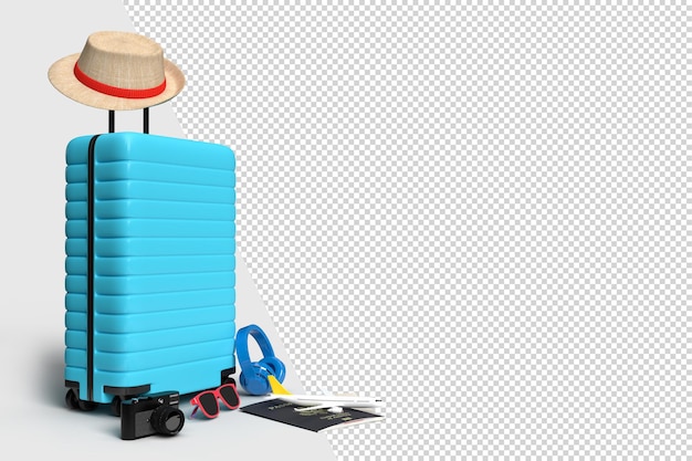 Suitcase with traveler accessories, essential vacation items. Adventure and travel holiday trip. Traveling concept design banner mockup template. 3D rendering