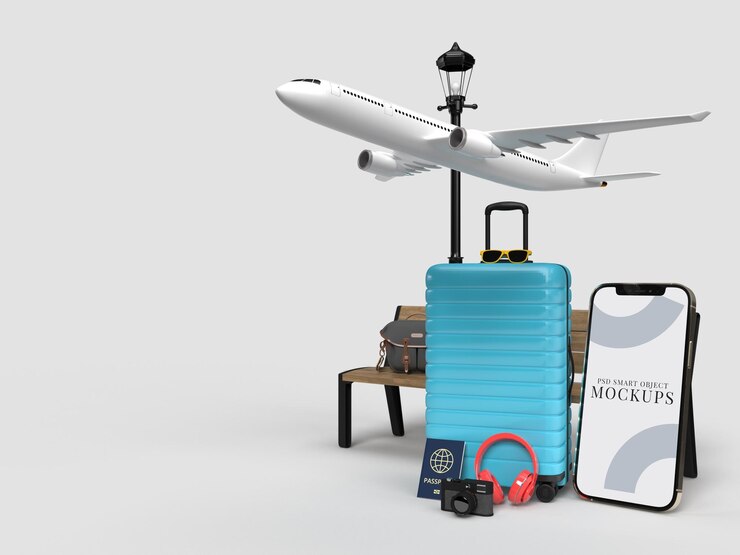 PSD suitcase with traveler accessories essential vacation items with smartphone mockup