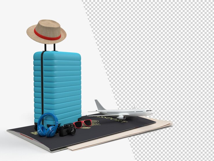 PSD suitcase with traveler accessories essential vacation items with smartphone mockup