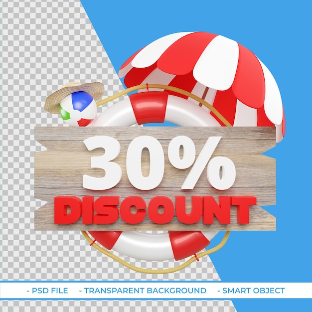 Offerta di sconto estate 30 nel rendering 3d isolato