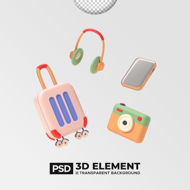 PSD summer 3d realistic render vector icon set like sunglasses suitcase camera headphone