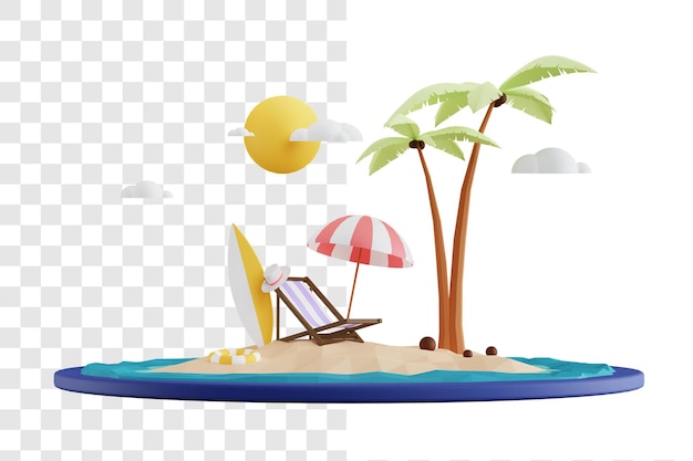 PSD Летняя концепция 3d-рендеринга, расслабляющаяся на пляже