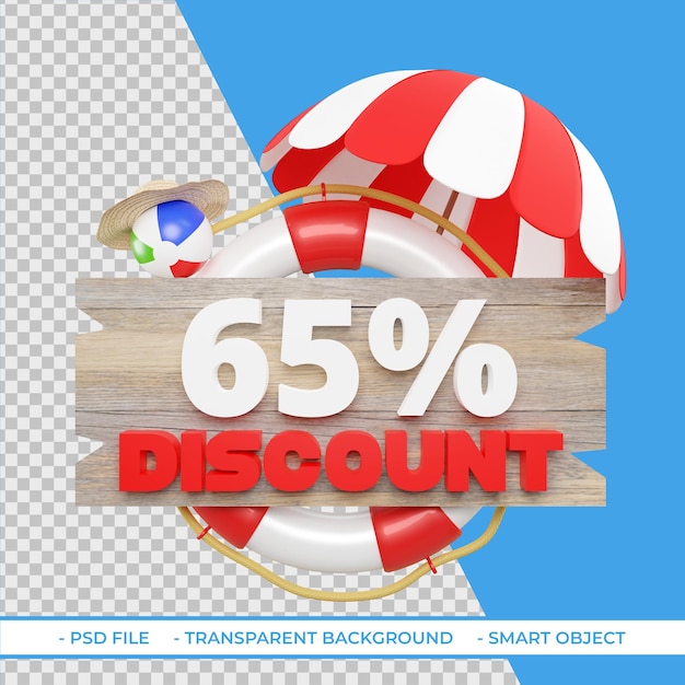 Summer 65 discount offer in 3d rendering isolated