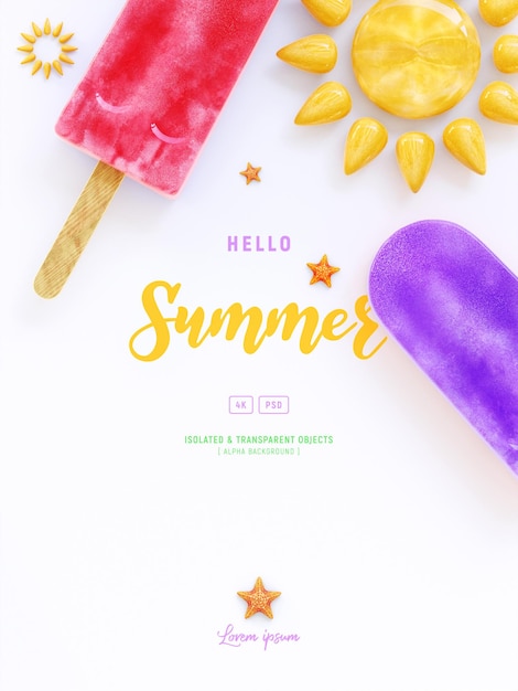 PSD summer background mockup decorated with composition of popsicles or ice cream 3d illustration