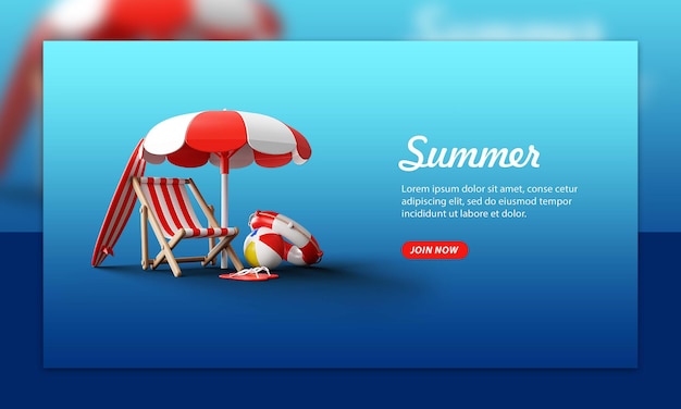 Summer background template composition with objects 3d illustration