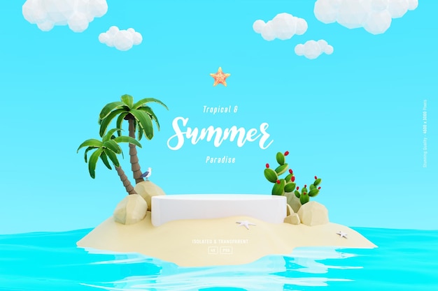 Summer background template composition with podium palm trees and beach objects on cute small island