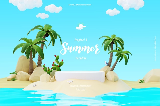 Summer background template composition with podium stage palm trees and beach objects