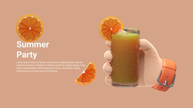 Summer banner template with 3d hand holding orange juice