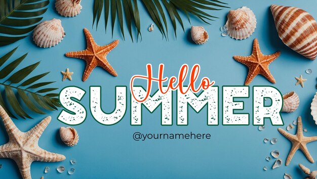 Summer banner template with blue background with beach vacation symbols