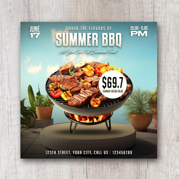 PSD summer bbq bash banner per social media con menù volantino per barbecue, ristorante e caffetteria