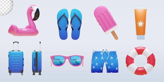 Summer beach accessories isolated object pack 3d rendering