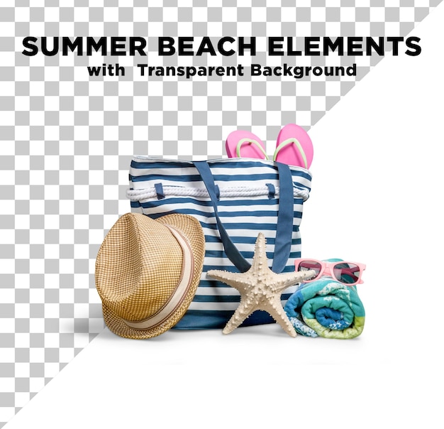 Summer beach bag cap elements photo psd with transparent background