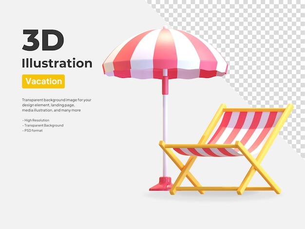 Summer beach chair with umbrella icon 3d illustration