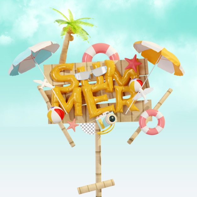 Summer beach holiday 3d card with sea sun donut ice cream cocktail flamingocamera 3d renderin