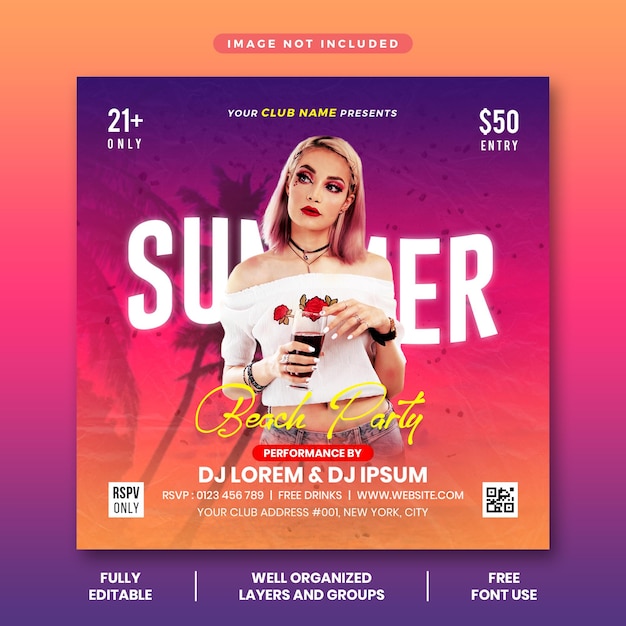 Summer beach party flyer social media post banner template