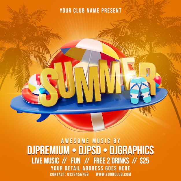 Premium PSD | Summer beach party social media post template