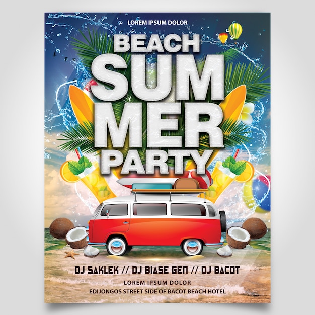 PSD summer beach party with coconut tree and car flyer template editable layer