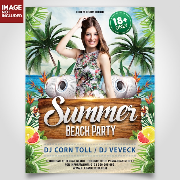 PSD summer beach party with girl and coconut tree flyer template