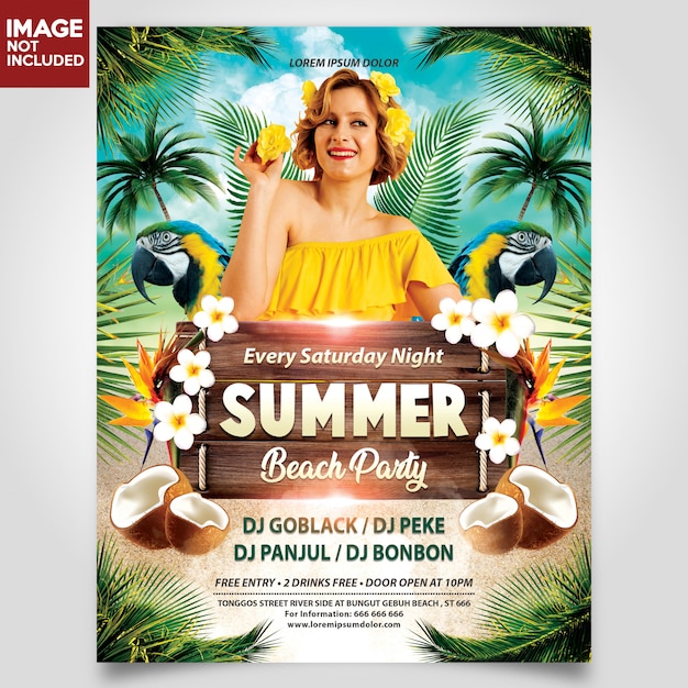 PSD summer beach party with girl flyer template