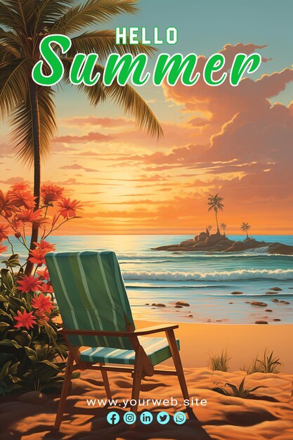 PSD summer beach scene with a beach chair and an umbrella for poster or banner template