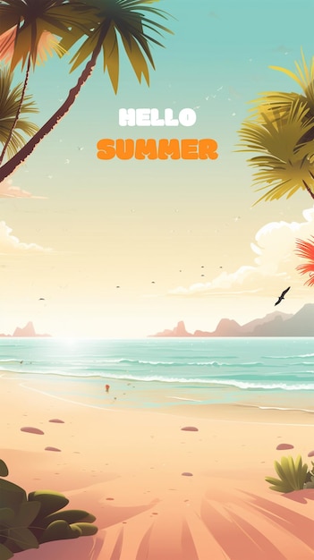 PSD Летний пляж на фоне кокосовых пальм и морских птиц