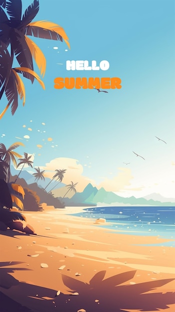 PSD summer beach with a background of coconut trees and seabirds