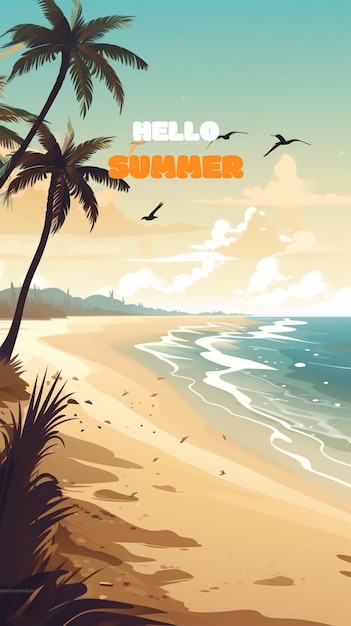 Summer beach with a background of coconut trees and seabirds