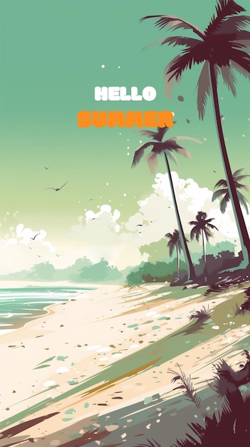 PSD summer beach with a background of coconut trees and seabirds