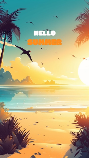 PSD summer beach with a background of coconut trees and seabirds