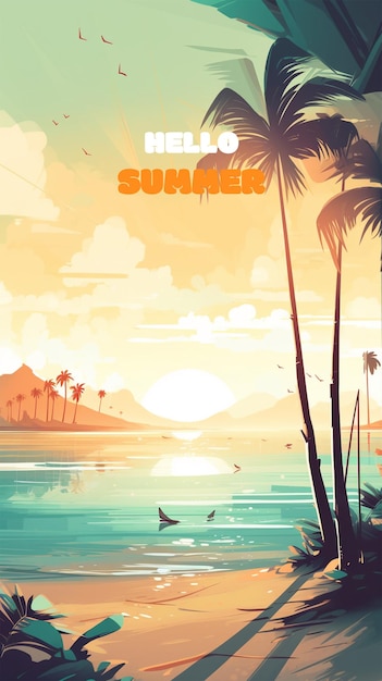 PSD summer beach with a background of coconut trees and seabirds