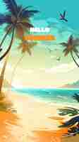 PSD summer beach with a background of coconut trees and seabirds