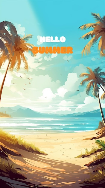 PSD summer beach with a background of coconut trees and seabirds