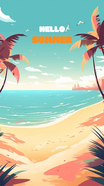 PSD spiaggia estiva con uno sfondo di palme da cocco e uccelli marini