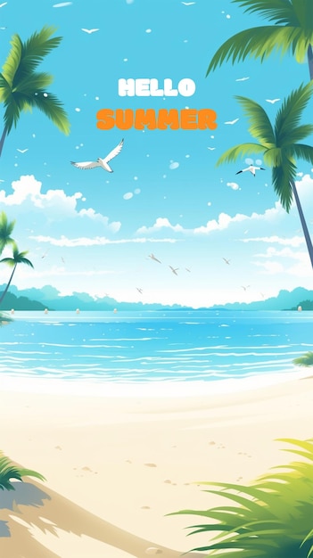 PSD summer beach with a background of coconut trees and seabirds