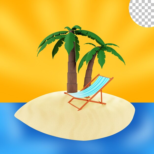 Summer beach with beach chair and palm tree 3d illustration