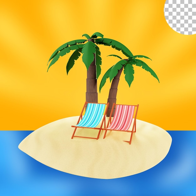 Spiaggia estiva con due sedie e palme 3d illustrazione