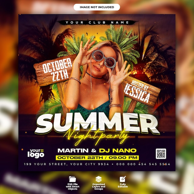 PSD summer club night party flyer and social media post template