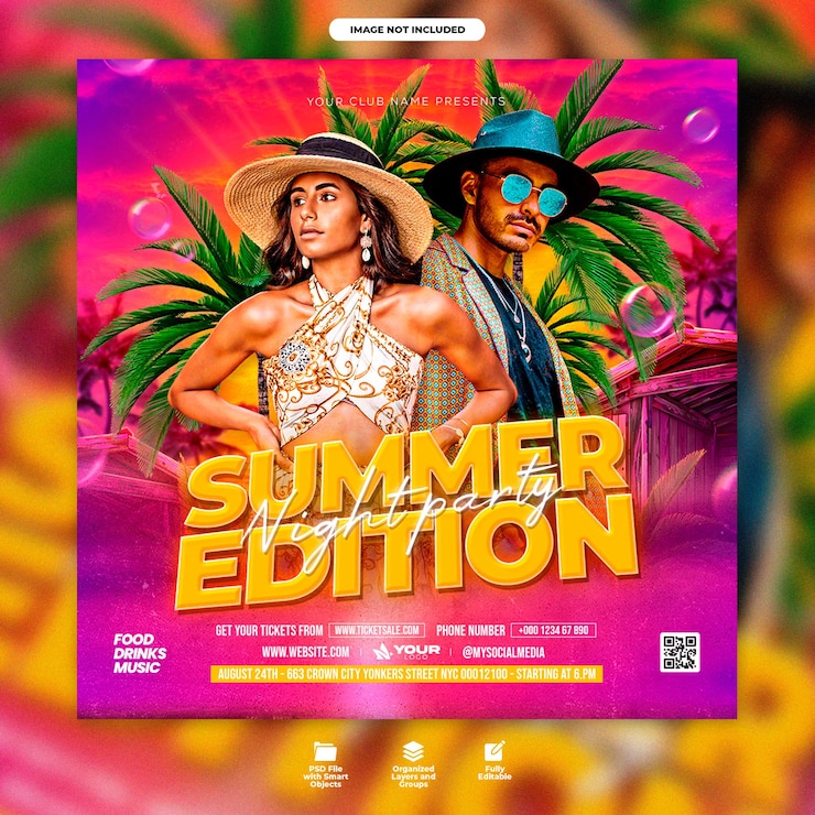 PSD summer club night party flyer and social media post template