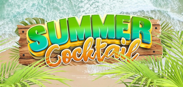 Summer cocktail 3d custom text effect with 3d object wood