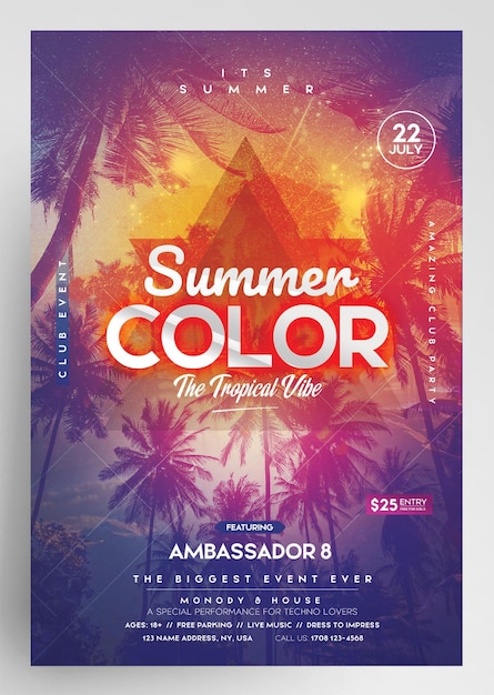 PSD summer color tropical beach party flyer