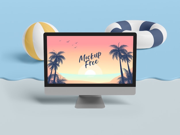 PSD summer concept with computer and sea