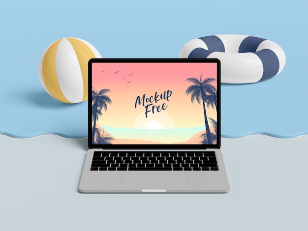 PSD summer concept with laptop and sea