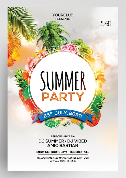 PSD summer day party event tropical music flyer template