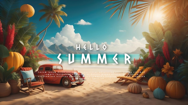 PSD summer decoration with beauty beach background illustration copy space generative ai