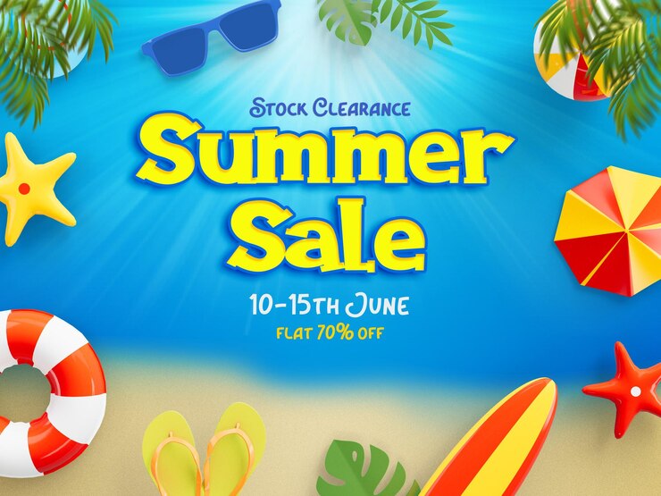 Summer Discount Sale Banner sjabloon met kleurrijke 3D strand elementen