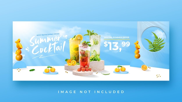 PSD modello di banner di copertina di facebook per la promozione del menu delle bevande estive summer