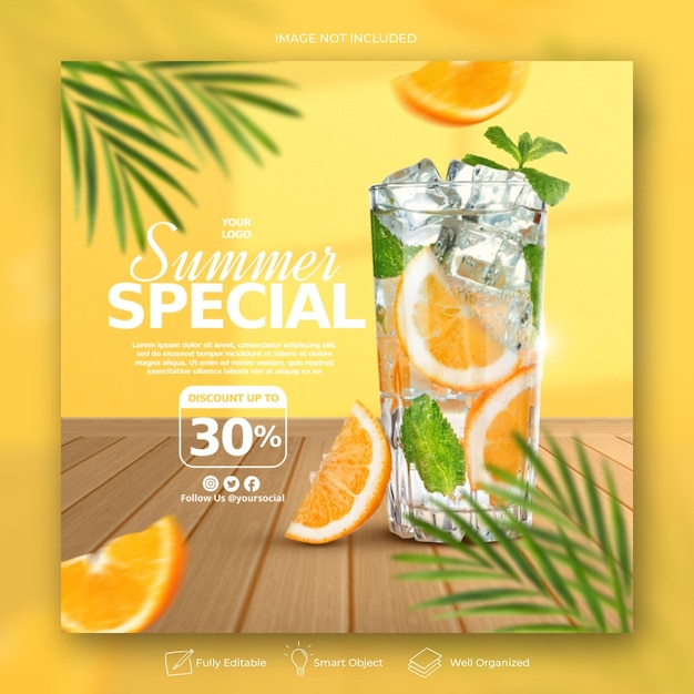 夏のドリンクメニュープロモーションソーシャルメディアInstagram投稿バナーテンプレート
