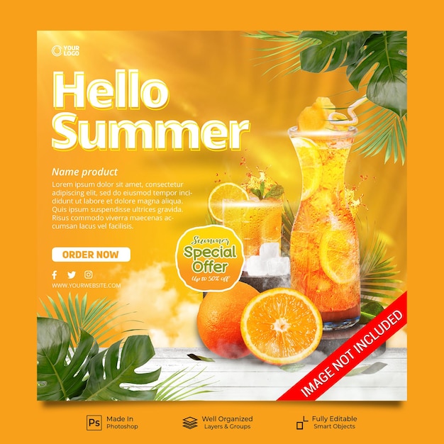 Специальное предложение летнего напитка, продвижение меню апельсинового сока, шаблон поста в социальных сетях с подиумом
