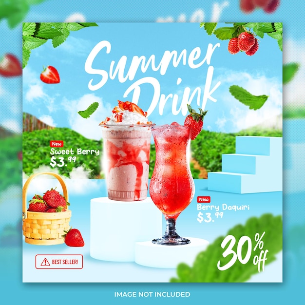 PSD summer drinks social media post or flyer template