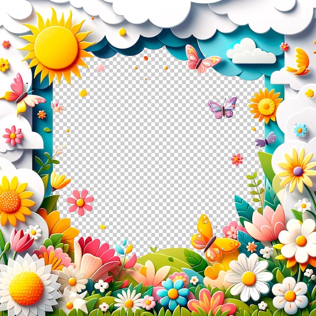 PSD modello di primavera floreale estivo cute cornice quadrata stile carta cartone animato con spazio trasparente